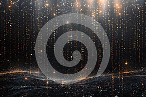 Black background, digital rain of numbers falling from the sky. the numbers form complex patterns that resemble code or data