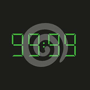 Black background electronic clock with four green numbers and datum 99:99 - repeating ninety nine