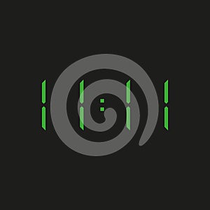 Black background electronic clock with four green numbers and time 11:11 â€“ repeating one, eleven