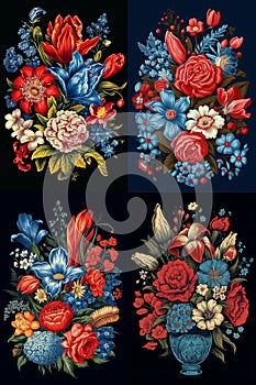 a set of four pictures, a bouquet of various bright colors, on a black background.