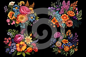 a set of four pictures, a bouquet of various bright colors, on a black background.