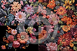 a set of four pictures, a bouquet of various bright colors, on a black background.