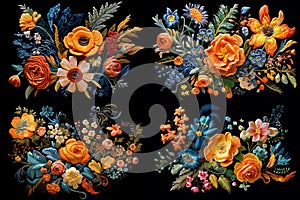 a set of four pictures, a bouquet of various bright colors, on a black background