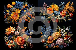 a set of four pictures, a bouquet of various bright colors, on a black background.