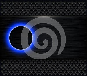 Black background with glowing blue button, dark brushed metal banner on perforated holes pattern