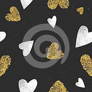 Black background with gold glitter hearts and white hearts with grunge texture. Valentines Day, romantic, trendy fashion