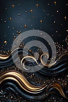 A Black Background With Gold Swirls And Stars