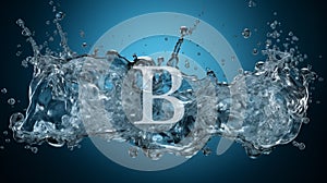 Black background with isolated water splash, featuring blue bubbles, liquid drops,