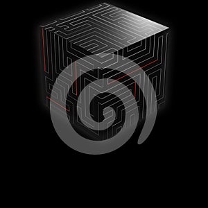 Black background logo of a 3d cube with the texture of a maze
