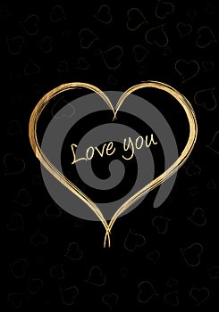 Black background with luxery golden hearts. Valentines day illustration