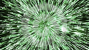 Black background. Motion. Bright green and orange fireworks in animation that fly in different directions and fill the