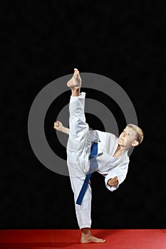 On a black background and red mat the boy beat blow leg mawashi geri