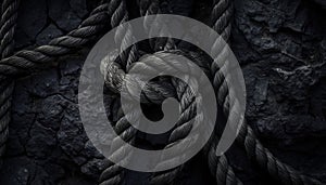 Black background. Rope knot on the black coal background. Close-up.