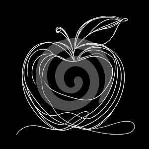 On a black background, there is a drawing of a white apple accompanied by a leaf.