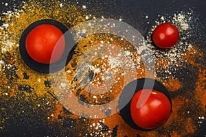 On a black background, tomatoes around which spices.