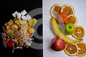 on a black background unhealthy food opposite a white background with healthy food