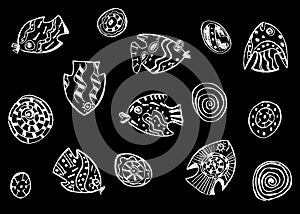 Black background with white decorative fish