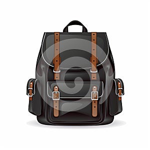 Black backpack with brown straps and brown leather strap. Generative AI