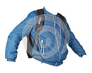 Black backpack dressed in a blue jacket isolated on a white background