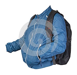 Black backpack dressed in a blue jacket isolated on a white background