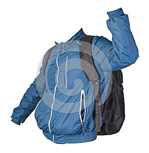 Black backpack dressed in a blue jacket isolated on a white background