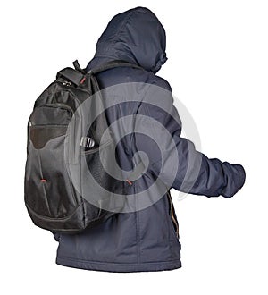 Black backpack dressed in a blue jacket isolated on a white background