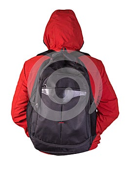 Black backpack dressed in a red jacket isolated on a white background