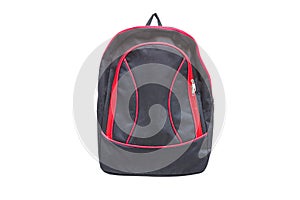 Black backpack with red zipper isolated on white background