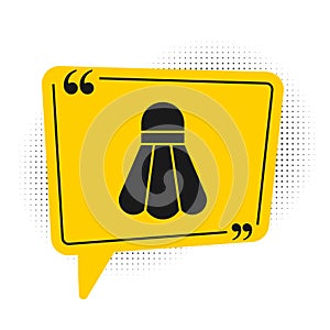 Black Badminton shuttlecock icon isolated on white background. Sport equipment. Yellow speech bubble symbol. Vector