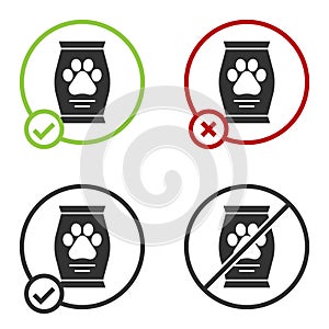 Black Bag of food for dog icon isolated on white background. Dog or cat paw print. Food for animals. Pet food package