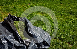 Black bag of mowed grass on the lawn. Grass from a lawn mower - animal feed. Mow the lawn. Mowing grass. Green background