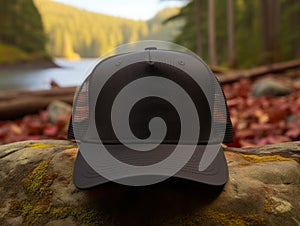 Black ballcap sits atop rock in front of forest river