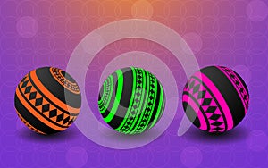 Black balls with a colored, geometric pattern on a bright background, orange, green, pink. Vector illustration, eps 10