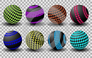 Black balls with a colored, geometric pattern on a transparent background, orange, green, pink. Vector illustration, eps