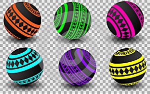 Black balls with a colored, geometric pattern on a transparent background, orange, green, pink. Vector illustration, eps