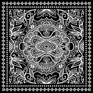 Black Bandana Print, silk neck scarf or kerchief