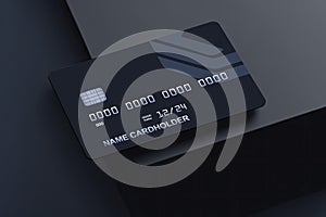 Black bank credit card on dark grey background. Modern bank cards with chips macro, credit cards. concept of bank card payments