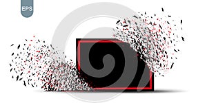 Black banner with red frame with fragments isolated on white background. Abstract black explosion with small particles. Vector.