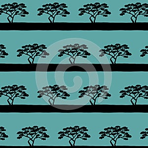 Black baobab tree on green emerald background, decorative art vector illustration for textile