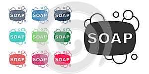 Black Bar of soap icon isolated on white background. Soap bar with bubbles. Set icons colorful. Vector