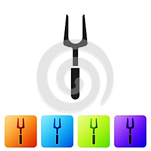 Black Barbecue fork icon isolated on white background. BBQ fork sign. Barbecue and grill tool. Set icons in color square buttons.