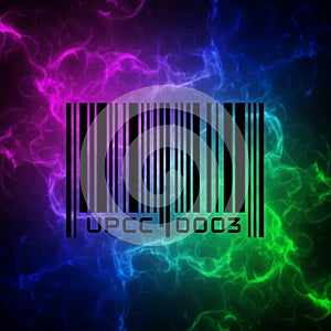Black barcode labeled UPCC 0003 is placed over a vibrant bac