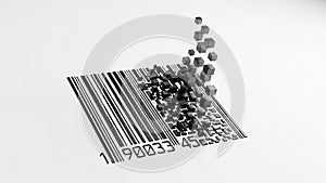 Barcode dissolving into abstract 3D cubes on a white background data digital
