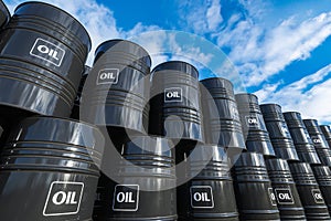 Black  barrels oil in row outdoor sky 3D