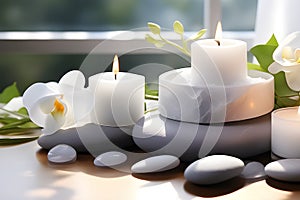 Black basalt stones for spa treatments with white candles and a white orchid on a light background. Playground AI