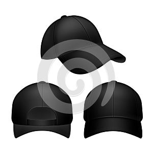 Black baseball cap. Empty hat mockup, headwear caps in back, front and side view. Corporate uniform clothes cap