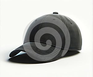 Black baseball cap with textured fabric on white background. Textured black sports cap with curved brim. Concept of