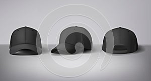 Black baseball caps mock up in gray background, front and back or different sides. For branding.