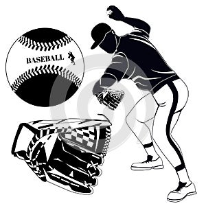 Black baseball pitcher, glove and ball vector illustration