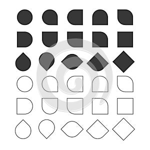 Black basic solid and line empty circle and square changing shapes design elements set on white